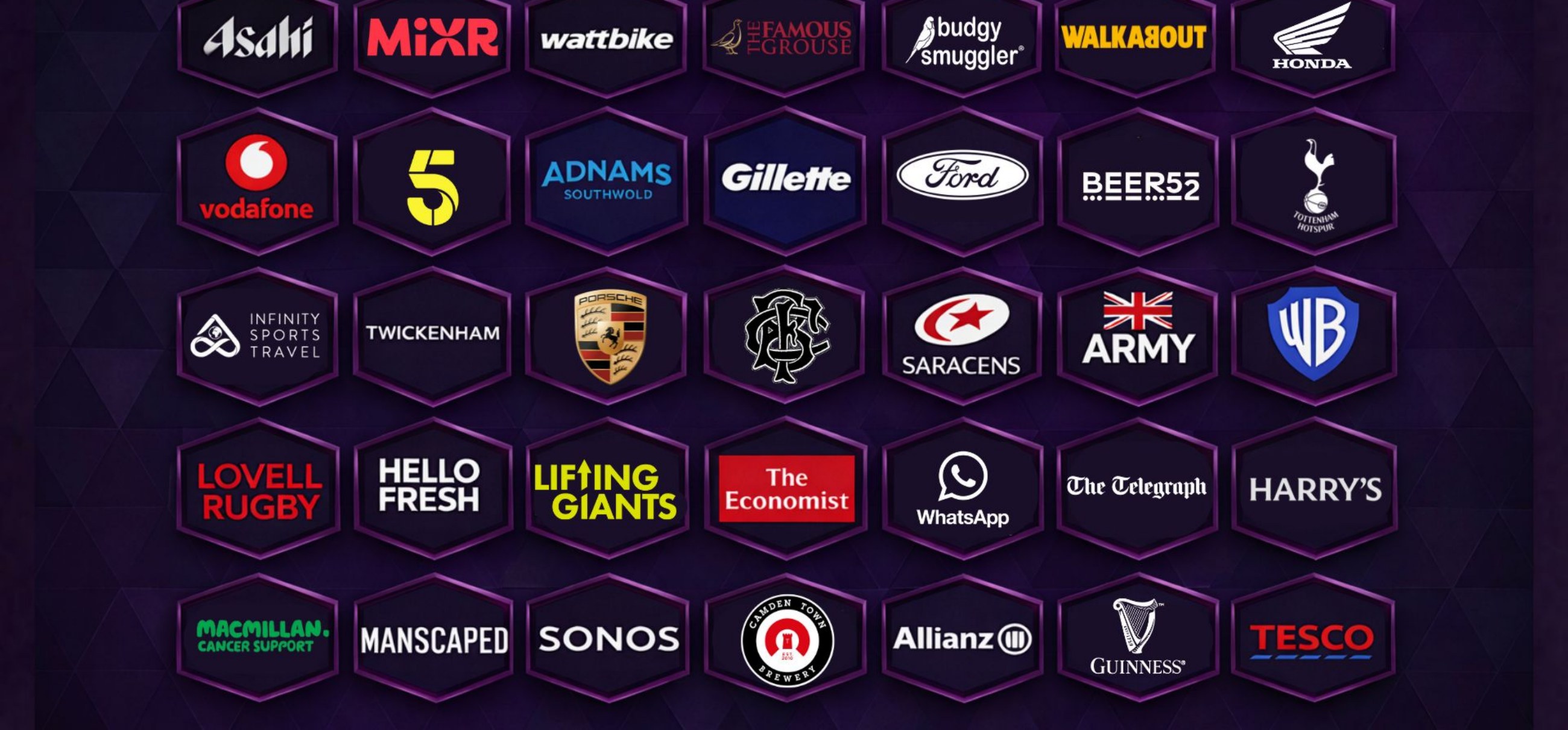 Logo wall of past and present A Pod Production brand partners, including Vodafone, Asahi, Honda, Ford, Gillette, Tottenham Hotspur, Saracens, the British Army, Warner Bros, HelloFresh, The Economist, WhatsApp, The Telegraph, Guinness and Tesco.