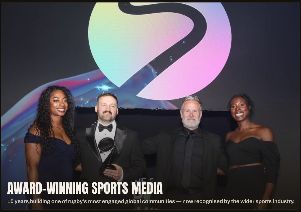 The Rugby Pod team on stage at the 25th Sport Industry Awards, winners of the Sports Podcast Award, 2026.